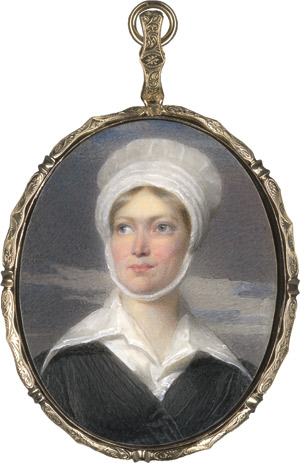 Lot 6534, Auction  113, Englisch, um 1820/1830. Bildnis einer zur Seite blickenden jungen Frau in schwarzem Kleid mit spitz auslaufendem weißem Kragen, ihr dunkelblondes Haar geschmückt mit einer weißen Haube, vor Wolkenhintergrund.