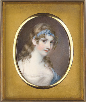 Lot 6535, Auction  113, Stump, Samuel John - zugeschrieben, Bildnis einer jungen Frau in weißem Kleid, ein weißer Schal in ihr gepudertes Haar geflochten. Auf Dose mit Spiegel innen.