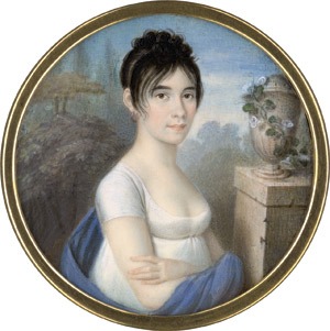 Lot 6536, Auction  113, Oechs, Anton - zugeschrieben, Bildnis einer jungen Frau in tief ausgeschnittenem weißem Kleid und blauem Schal, mit verschränkten Armen in einer Landschaft vor einer Säule mit Urne stehend