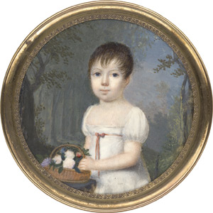 Lot 6537, Auction  113, Französisch, um 1800/1805. Bildnis eines kleinen Mädchens, einen Blumenkorb haltend, in weißem Kleid mit roter Gürtelschleife, im Hintergrund Parklandschaft
