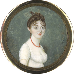 Lot 6538, Auction  113, Boze, Joseph, Bildnis einer jungen Frau in tief ausgeschnittenem weißem Kleid mit Korallenkette, ein Goldpfeil in der lockigen Frisur.