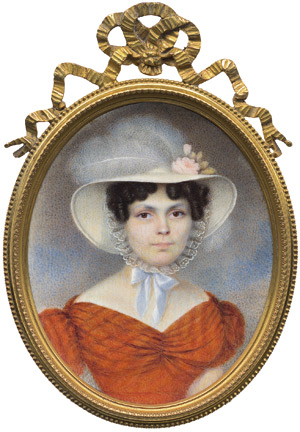 Lot 6548, Auction  113, Französisch, um 1825/1830. Bildnis einer jungen Frau in orangerotem Kleid mit weißem Hut geschmückt mit Straussenfedern