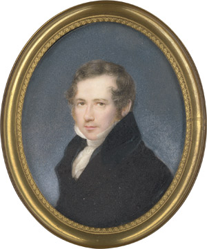 Lot 6550, Auction  113, Daffinger, Moritz Michael, Bildnis eines jungen Mannes in schwarzer Jacke mit weißer Halsbinde und Hemdkragen. Feuchtigkeitsgeschädigt. 