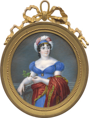 Lot 6551, Auction  113, Französisch, um 1820/1830. Bildnis einer jungen Frau in blauem Kleid, in der Pose der Madame de Stael, einen Zweig haltend 