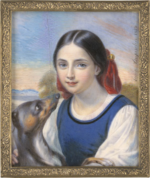 Lot 6560, Auction  113, Dujardin, Louise, Miniaturenpaar: zwei dunkelhaarige Mädchen: die eine auf rotem Armstuhl sitzend, bei der Lektüre eines Buches, die andere in Landschaft mit Hund