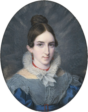 Lot 6561, Auction  113, Aldenrath, Heinrich Jakob, Bildnis einer jungen Frau in blauem Kleid mit weißem Gazerüschenkragen, Korallenkette, -ohrringe und -gürtelschnalle.