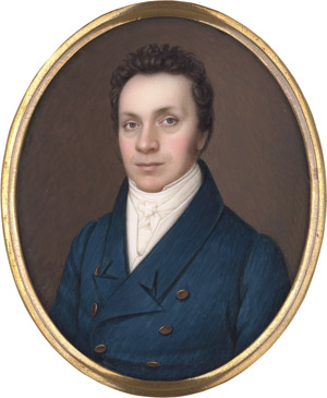 Lot 6567, Auction  113, Deutsch, um 1815/1820. Bildnis eines jungen Mannes in blauer Jacke mit weißer Weste, Halsbinde und Hemdkragen.