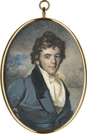 Lot 6573, Auction  113, Chinnery, George - Umkreis, Bildnis eines jungen Mannes genannt William Adams (gest. 1842), auf Stuhl sitzend, in blauer Jacke mit schwarzem Samtkragen und weißer Weste mit geknoteter Halsbinde, vor stürmischem Wolkenhintergrund.