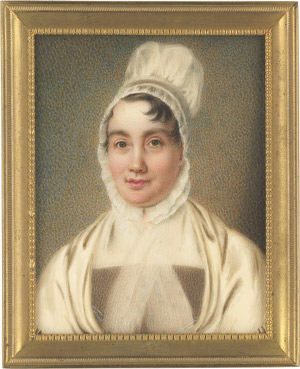 Lot 6574, Auction  113, Bradley, John, Bildnis einer jungen Frau mit hoher weißer Gaze-Haube mit Rüschenbordüre, in hellbraunem Kleid mit gekreuztem weißem Brusttuch und Schal 