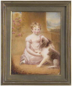 Lot 6575, Auction  113, Turnbull geb. Fayerman später Bartholomew, Anne Charlotte - zugeschrieben, Bildnis eines kleinen Jungen, genannt M. H. Turnbull, auf einer Terrasse sitzend und mit seinem Hund spielend. Links Rosenstrauch, rechts Aussicht auf gebirgige Flußlandschaft.