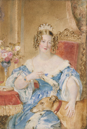 Lot 6579, Auction  113, Ross, Sir William Charles, Bildnis einer jungen juwelengeschmückten Adeligen in hermelinbesetztem blauem Seidenkleid, auf rot gepolstertem Stuhl sitzed und einen Hund streichelnd.