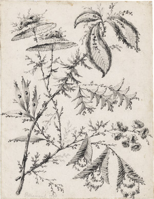 Lot 6685, Auction  113, Pillement, Jean-Baptiste, Chinoiserie-Entwurf mit Blumen und Schirmen