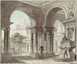 Lot 6716, Auction  113, Italienisch, um 1780. Blick aus der Loggia eines Palastes auf einen Barockgarten