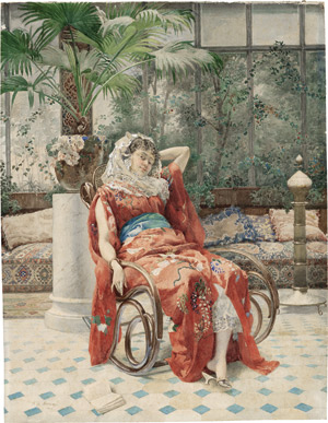 Lot 6819, Auction  113, Madrazo y Kuntz, Federico de, Elegante junge Dame im Kimono auf einem Schaukelstuhl in einem opulenten Wintergarten