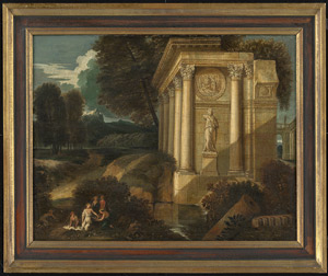 Lot 6945, Auction  113, Italienisch, 18. Jh. Ideallandschaft mit antikem Tempel und Nymphen am Bach