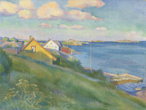 Lot 8351, Auction  113, Felixmüller, Conrad, Küste vor Møvik in Norwegen bei Abendsonne, Häuser und Wolken
