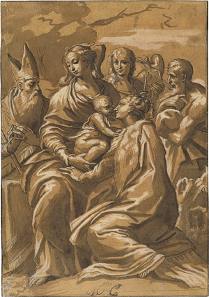 Lot 5111, Auction  114, Italienisch, um 1700. Die Heilige Familie mit einem Bischoff und einem Engel