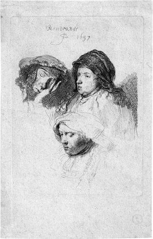 Lot 5405, Auction  114, Rembrandt Harmensz. van Rijn, Drei Frauenköpfe, die ein Frau schlafend