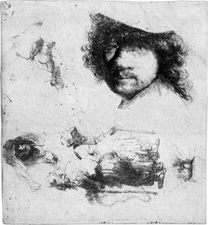 Lot 5407, Auction  114, Rembrandt Harmensz. van Rijn, Studienblatt mit Rembrandts Selbstbildnis
