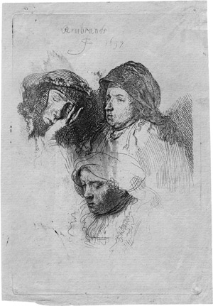 Lot 5824, Auction  114, Rembrandt Harmensz. van Rijn, Drei Frauenköpfe, die eine Frau schlafend