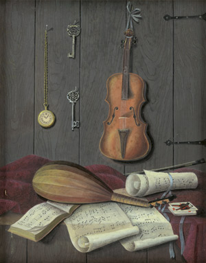 Lot 6025, Auction  114, Deutsch, spätes 18. Jh. Stillleben mit Musikinstrumenten, Notenblättern, Schlüssel, einer Uhr und Spielkarten