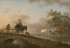 Lot 6027, Auction  114, Roy, Jean-Baptiste de, Flachlandschaft am Binnenmeer mit Eselsreiter und einer Ziegenherde; Polderlandschaft mit Schafhirtin und ihrem Vieh