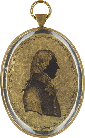 Lot 6353, Auction  114, Deutsch, um 1795/1800. Goldéglomisé-Silhouette: Profilbildnis eines Mannes nach rechts, rückseitig Liebesallegorie