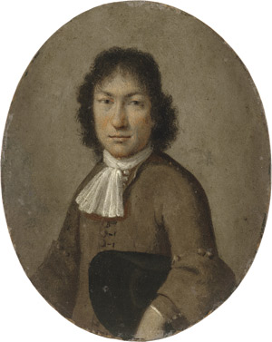 Lot 6364, Auction  114, Holländisch, um 1740. Bildnis eines jungen Mannes in olivgrüner Jacke mit schwarzem Dreispitz unter dem linken Arm