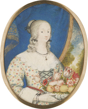 Lot 6381, Auction  114, Nordeuropäisch, um 1600. Bildnis einer jungen Frau mit Blumen- und Obstkorb