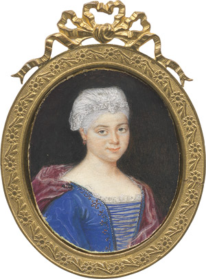 Lot 6384, Auction  114, Evrard, Perpète - Schule, Bildnis einer jungen Frau in blauem Kleid mit goldbesticktem Rand, ein weißes  Spitzenhäubchen im gepuderten Haar 