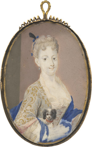 Lot 6386, Auction  114, Carriera, Rosalba - Werkstatt, Bildnis einer jungen Frau mit Schoßhündchen unter dem rechten Arm, in goldbesticktem grauem Seidenbrokatkleid
