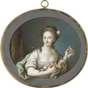 Lot 6390, Auction  114, Deutsch, um 1760. Bildnis einer jungen Frau in hellblauem Kleid mit hellgrünem Umhang, mit beiden Händen eine Blumengirlande haltend