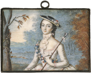 Lot 6392, Auction  114, Deutsch, um 1750. Bildnis einer jungen Frau mit Blumen auf Hütchen und Blumengirlande