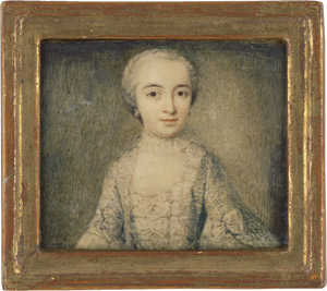 Lot 6393, Auction  114, Deutsch, um 1750. Bildnis einer jungen Frau in hellblauem Kleid besetzt mit weißen Rüschen