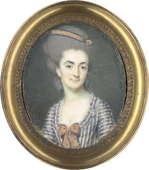 Lot 6395, Auction  114, Weyler, Jean-Baptiste - Umkreis, um 1775. Bildnis einer jungen Frau in blau gestreiftem Kleid mit lachsfarbiger Schleife