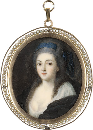 Lot 6397, Auction  114, Deutsch, um 1780. Bildnis einer jungen Frau mit zu tief ausgeschnittenem Dekolleté und schwarzem Umhang