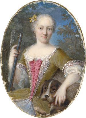 Lot 6398, Auction  114, Nilson, Johann Esaias, Miniaturenpaar: Bildnisse des David von Stetten und seiner Frau Sabina als Jäger, mit Hund