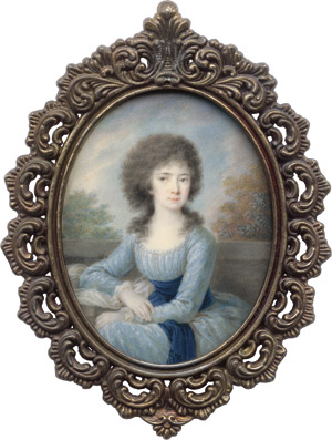 Lot 6399, Auction  114, Füger, Heinrich Friedrich - Umkreis, Bildnis einer jungen Frau in besticktem hellblauem Kleid, vor Steinmauer in einer Parklandschaft sitzend