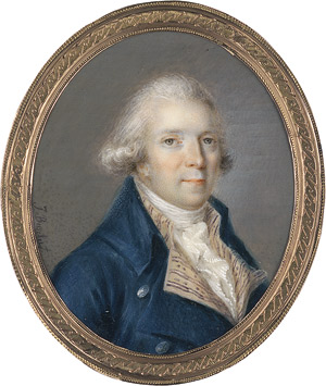 Lot 6412, Auction  114, Französisch, um 1790/1795. Bildnis eines jungen Mannes in blauer Jacke mit gestreifter Weste