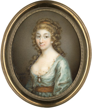 Lot 6416, Auction  114, Drechsler (auch Dressler oder Dreßler), Johann Traugott, Bildnis einer jungen Frau in blauem Kleid mit Perle am Dekolleté