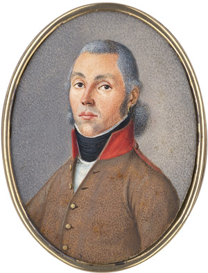 Lot 6441, Auction  114, Österreichisch, um 1800/1805. Bildnis eines jungen Mannes mit gepudertem Haar, in hellbrauner Jacke mit rotem Kragen, schwarzer Halsbinde und weißer Weste.