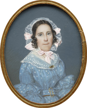 Lot 6442, Auction  114, Deutsch, um 1835/1840. Bildnis einer jungen Frau in weiß besticktem hellblauem Kleid mit weißem Spitzenkragen, eine weiße Spitzenhaube mit rosa Schleifen im braunen Haar
