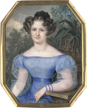 Lot 6445, Auction  114, Deutsch, um 1825/1830. Bildnis einer jungen Frau in hellblauem Kleid in Garten sitzend