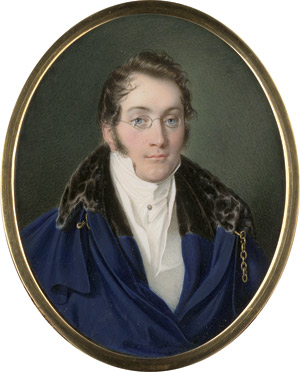 Lot 6449, Auction  114, Lieder, Friedrich Johann Gottlieb (genannt Franz) - zugeschrieben, Bildnis eines bebrillten jungen Mannes in pelzbesetztem blauem Umhang 