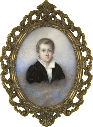 Lot 6453, Auction  114, Französisch, um 1830. Bildnis eines kleinen Jungen in schwarzem Gewand, umgeben von Wolken