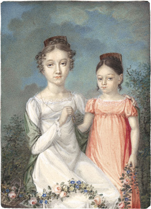 Lot 6461, Auction  114, Deutsch, um 1815. Doppelbildnis zweier junger Mädchen, die ältere eine Miniatur haltend