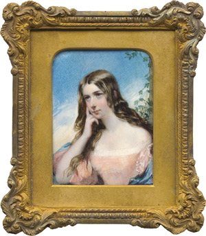 Lot 6464, Auction  114, Englisch, um 1830. Bildnis einer langhaarigen jungen Frau, ihr Kopf auf den rechten Arm gestützt, in rosa Kleid besetzt mit weißen Spitzen, ein blauer Schal um ihre Arme drapiert, vor Himmelhintergrund mit von Efeuranken geschmückter Mauer rechts.