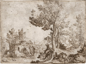 Lot 6524, Auction  114, Italienisch, Anfang 17. Jh. Landschaft mit Baumgruppe an einem Fluss und rastendem Wanderer
