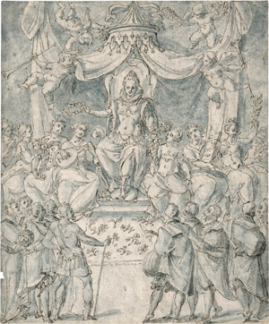 Lot 6536, Auction  114, Französisch, um 1600. Allegorische Darstellung mit einer Königin, die Lorbeerkränze verteilt