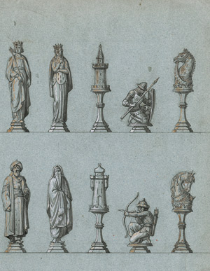 Lot 6660, Auction  114, Viollet-le-Duc, Eugène, Entwürfe für einen Schachtisch mit Figuren